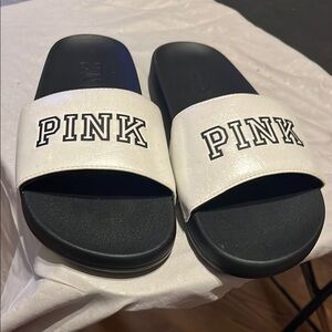 PINK VS women White and Black Slides